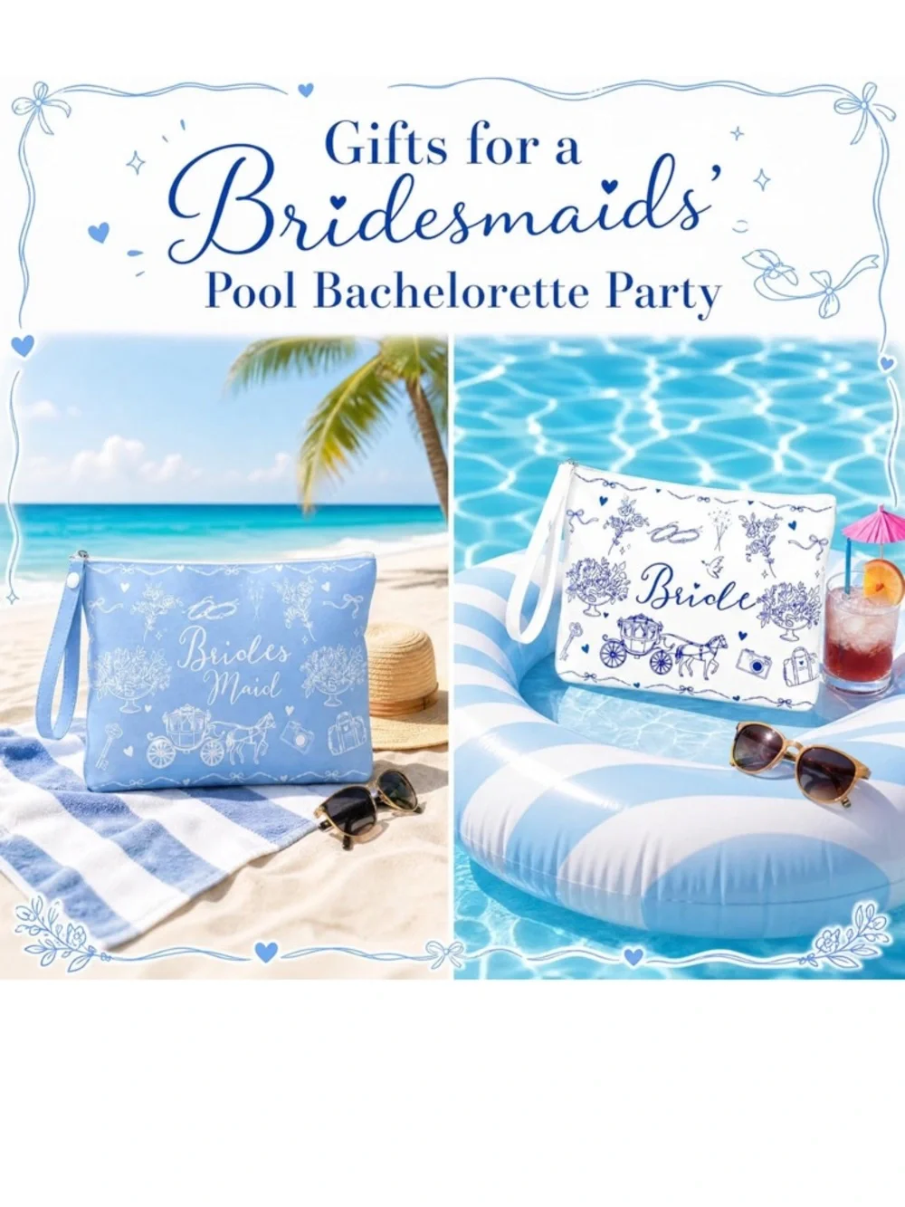 Bridesmaids Cosmetic Pouches- Blue and White with Handle